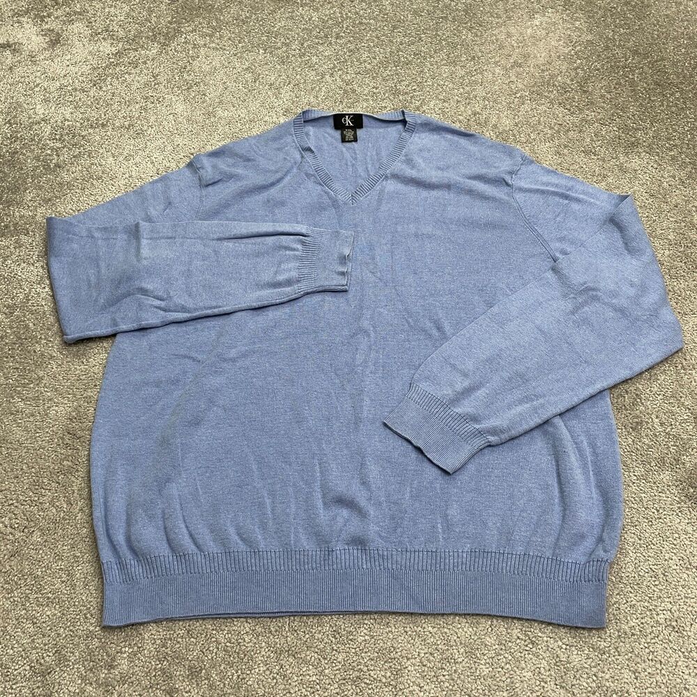 Calvin Klein Pullover Sweater Mens XXL Blue V-Neck Cotton Blend Knit Casual Work